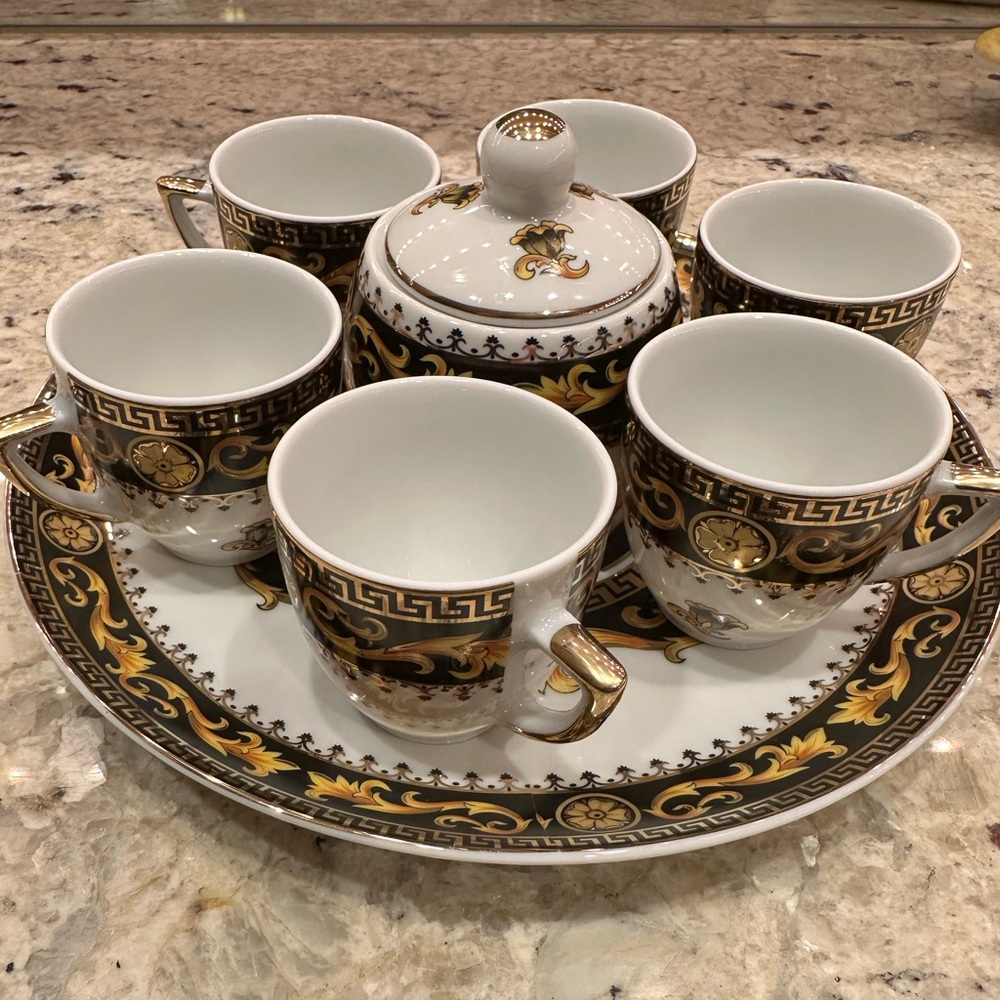 T. Limoges set of 6 demitasse cups with serving tray & sugar bowl